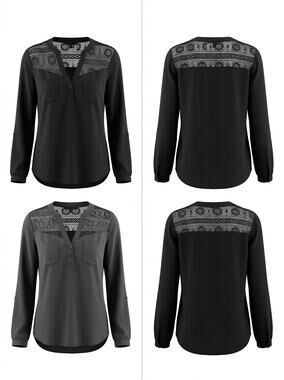 Express Black Lace Yoke Henley V-Neck Long Sleeve Blouse Women Size S/P